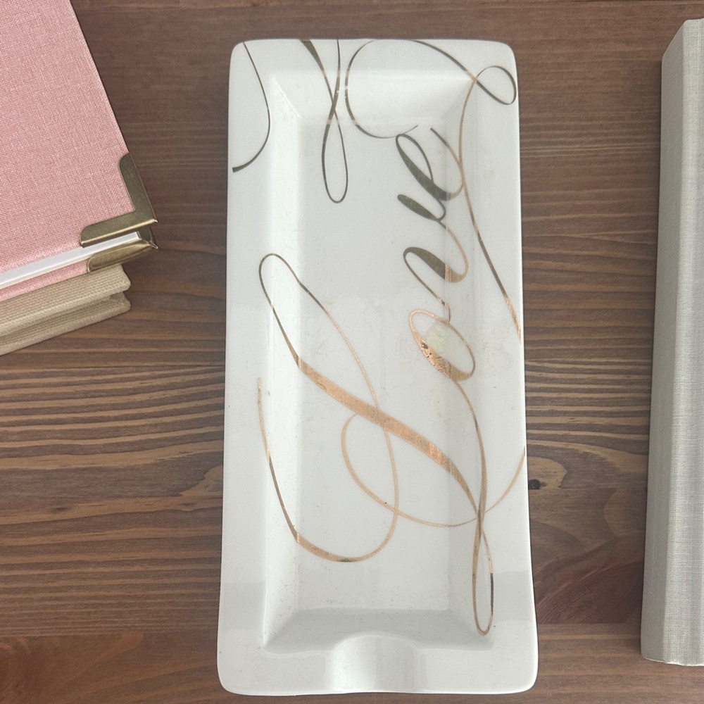 Pottery Barn White Tray with Gold Script Design